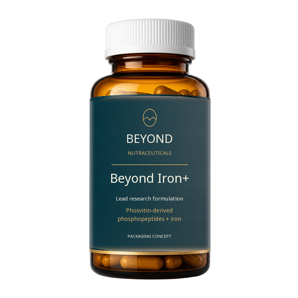 Recovered amber-glass bottle with white ribbed cap, dark-teal label and updated Beyond Iron+ concept branding