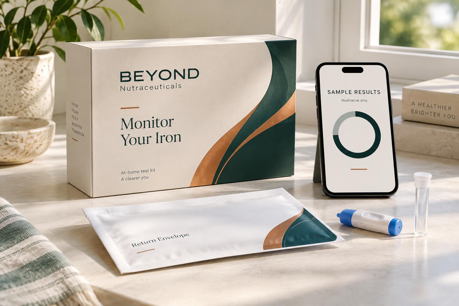 Illustrative Beyond Monitor Your Iron kit with concept sampling items and a phone showing sample results